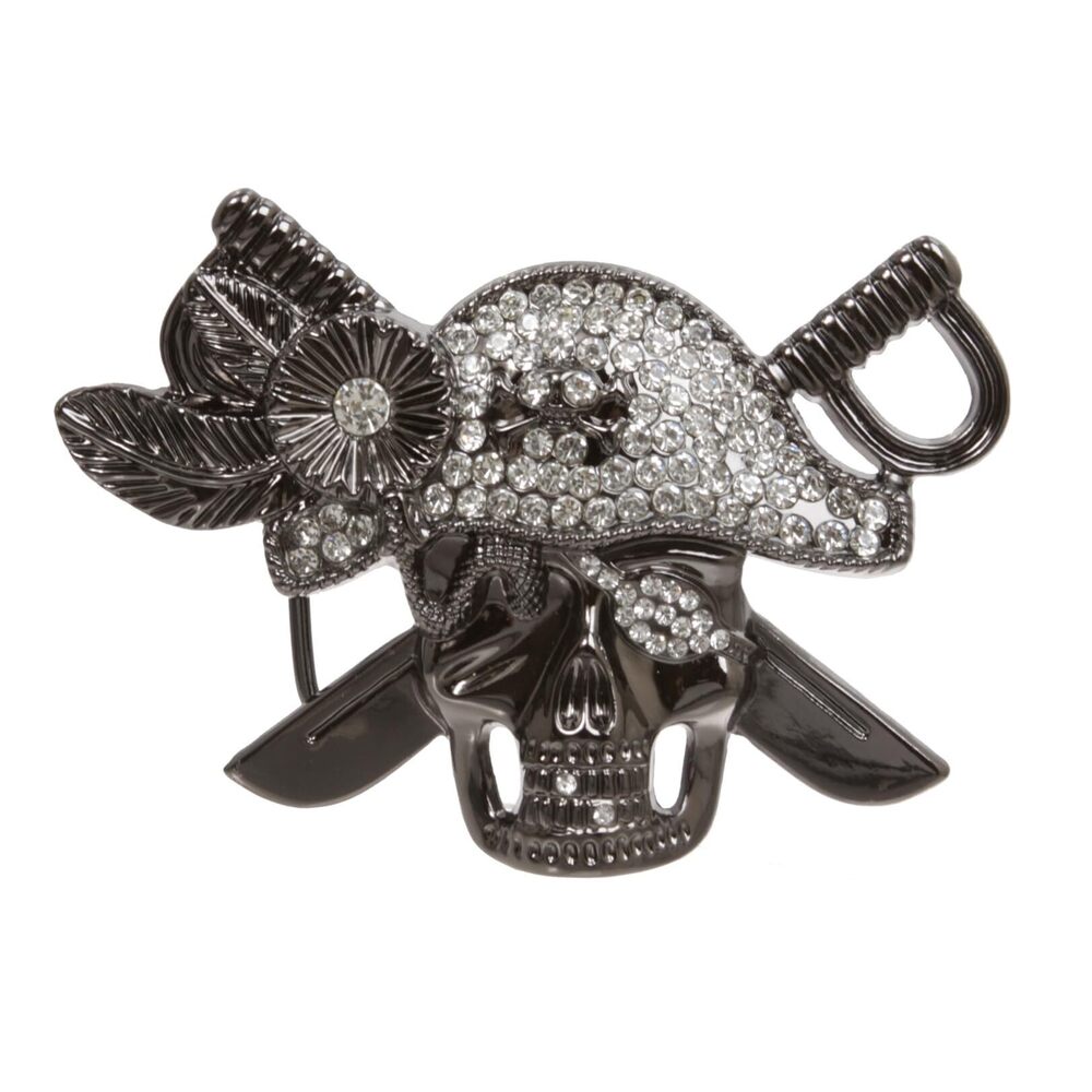 4902 Gunmetal Pirate Skull Rhinestone Belt Buckle, 4.75"x3.25", gunmetal